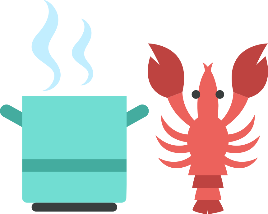 Image of a lobster next to a pot of hot water